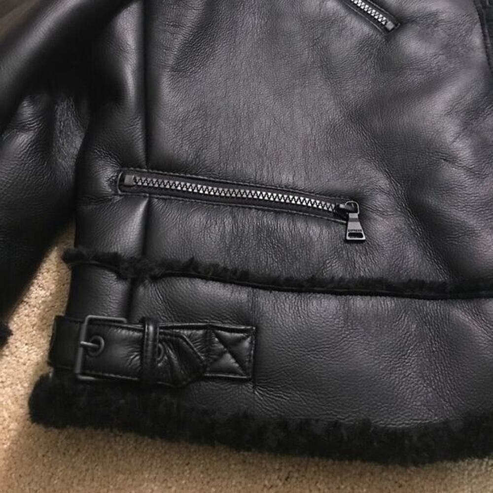 NEW Express black faux fur shearling Moto coat Sz XS Faux Leather Zipper chic - Picture 5 of 7